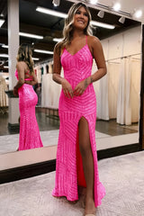 Glittering Orange Sequin Prom Dress with Leg Slit