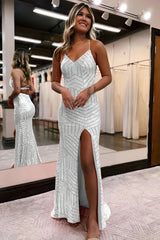 Glittering Orange Sequin Prom Dress with Leg Slit