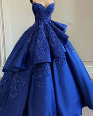 Strapless Ball Gown Ruffles Satin Dress Lace Beaded