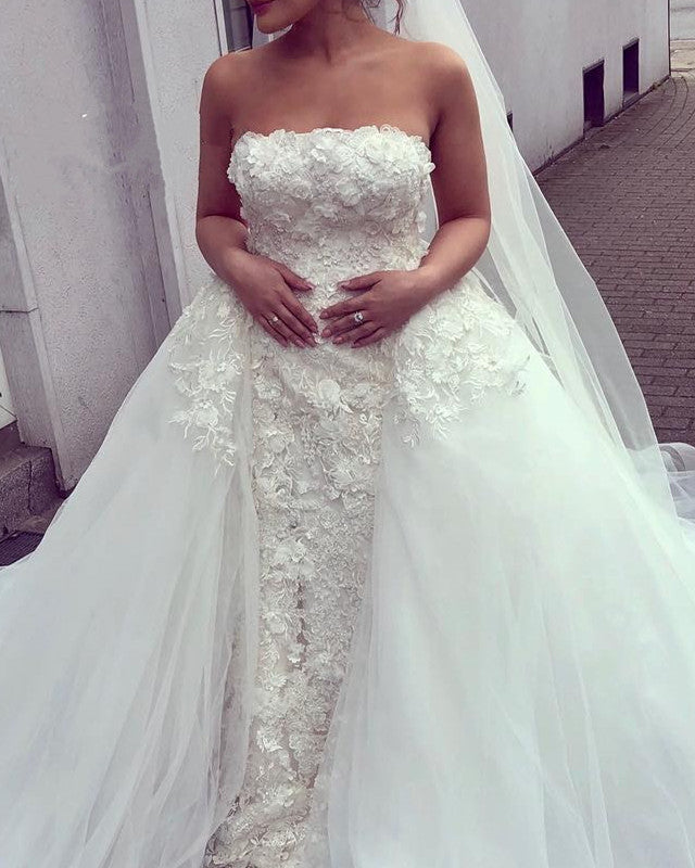 Strapless Mermaid Lace Wedding Dresses Removable Train