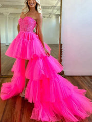 Pink High Low Sexy Ruffles Tulle Prom Dress