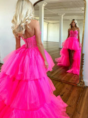 Pink High Low Sexy Ruffles Tulle Prom Dress
