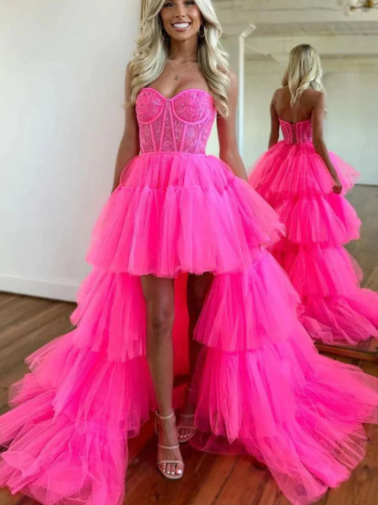 Pink High Low Sexy Ruffles Tulle Prom Dress