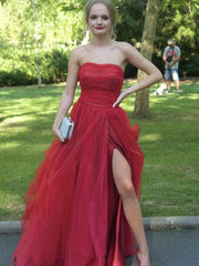 A LIine Strapless Red Tulle  Prom Dress With Slit