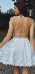 Stunning Lace Spaghetti Strap Lace Up Back Backless Homecoming Dresses,BD0188