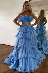 Blue Tulle Off The Shoulder Beading Ruffles Prom Dress