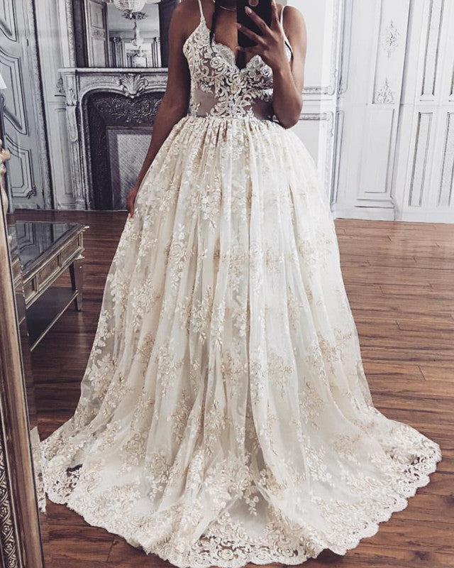 Stylish V Neck Spaghetti Straps Wedding Lace Dresses For Bride