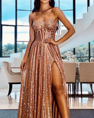 Sweetheart Corset Split Rose Gold Prom Dresses
