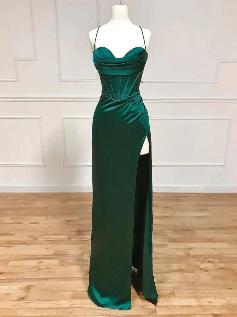 Green Satin Long Mermaid Slit Prom Dress