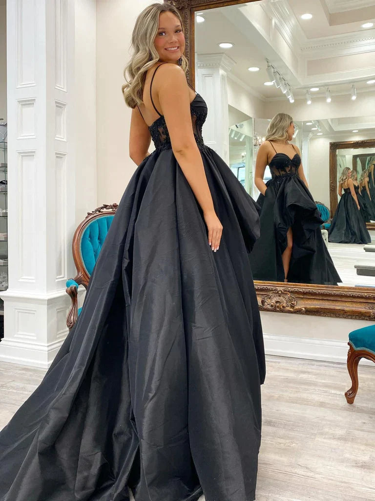 Satin Sweetheart Appliques High Low Black Long Prom Dress