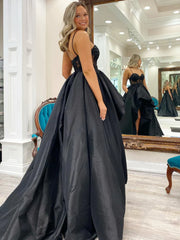 Satin Sweetheart Appliques High Low Black Long Prom Dress