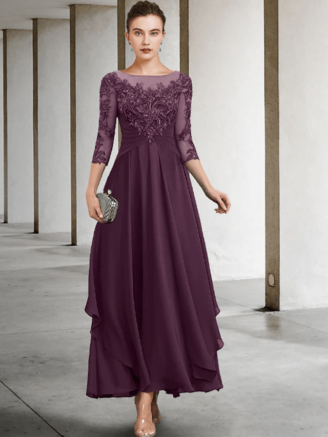 A-Line Mother of the Bride Dress Wedding Guest Plus Size Elegant Jewel Neck Ankle Length Chiffon Lace - RongMoon