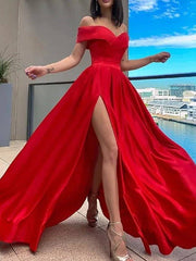 A-Line Sexy Wedding Guest Formal Evening Dress Off Shoulder Sleeveless Sweep / Brush Train Satin with Pleats Split - RongMoon
