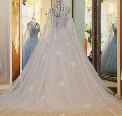 A Line V Neck Lace Crystal Beaded White/ Light blue Wedding Dresses Floor Length