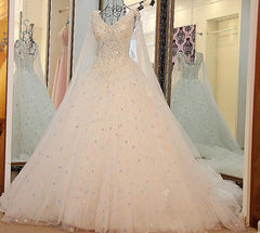 A Line V Neck Lace Crystal Beaded White/ Light blue Wedding Dresses Floor Length