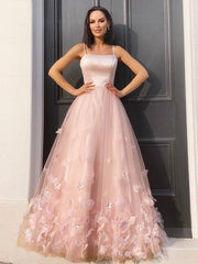 A-Line/Princess Tulle Hand-Made Flower Straps Floor-Length Sleeveless Dresses - RongMoon