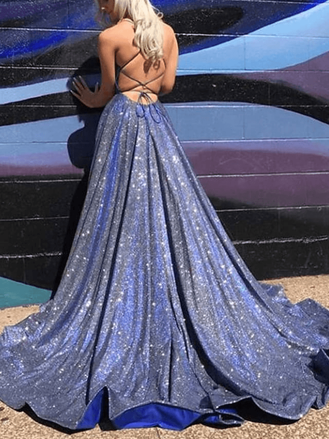A-Line Beautiful Back Sparkle Prom Formal Evening Dress Scoop Neck Sleeveless Court Train Polyester with Split - RongMoon