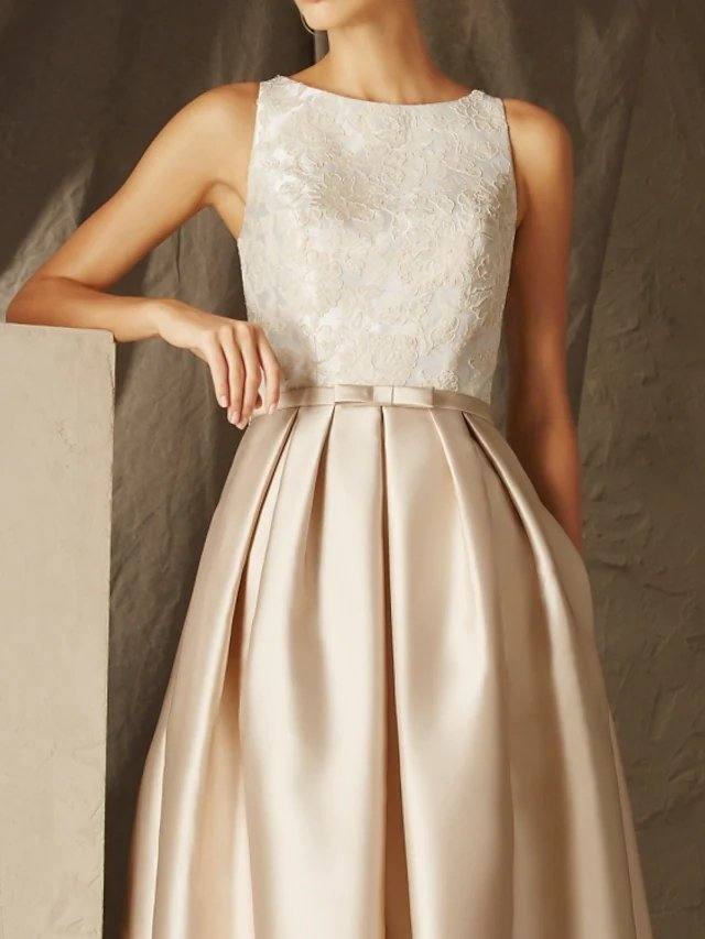A-Line Empire Elegant Wedding Guest Formal Evening Dress Jewel Neck Sleeveless Floor Length Satin with Sash / Ribbon Pleats Appliques - RongMoon