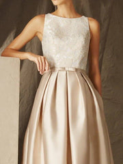 A-Line Empire Elegant Wedding Guest Formal Evening Dress Jewel Neck Sleeveless Floor Length Satin with Sash / Ribbon Pleats Appliques - RongMoon