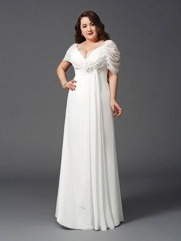 A-Line/Princess Off-the-Shoulder Ruched Short Sleeves Long Chiffon Plus Size Dresses - RongMoon