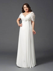 A-Line/Princess Off-the-Shoulder Ruched Short Sleeves Long Chiffon Plus Size Dresses - RongMoon