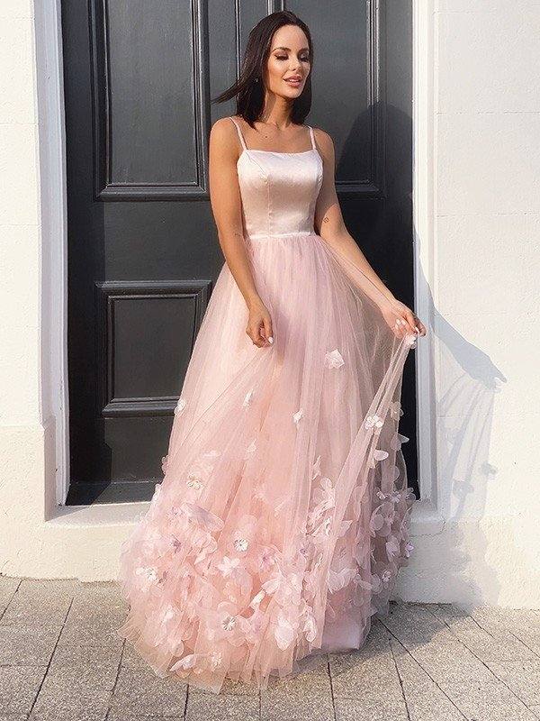 A-Line/Princess Tulle Hand-Made Flower Straps Floor-Length Sleeveless Dresses - RongMoon