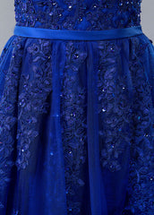 Blue Lace V-neck A-line Prom Dress With Beaded Lace Appliques & Belt