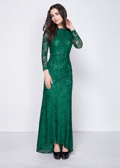 A-Line/Princess Green Floor-Length Lace Long Sleeves Evening Dresses