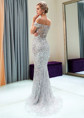 Trumpet/Mermaid Off-the-Shoulder Sequined Floor-Length Prom Dresses