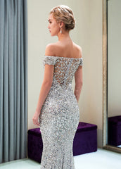 Trumpet/Mermaid Off-the-Shoulder Sequined Floor-Length Prom Dresses