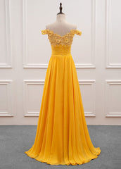 A-Line/Princess Chiffon Floor-Length Off-the-Shoulder Long Prom Dresses with Appliques Lace