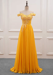 A-Line/Princess Chiffon Floor-Length Off-the-Shoulder Long Prom Dresses with Appliques Lace