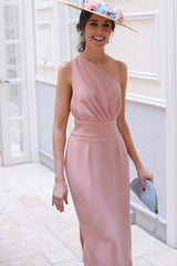 One-Shoulder Chiffon Wedding Guest Tea Length Dress