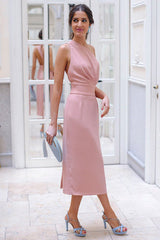 One-Shoulder Chiffon Wedding Guest Tea Length Dress