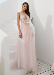 A-Line/Princess Tulle Beading Sleeveless Prom Dresses
