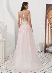 A-Line/Princess Tulle Beading Sleeveless Prom Dresses