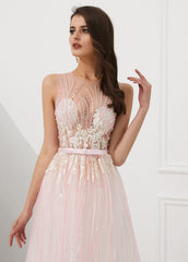 A-Line/Princess Tulle Beading Sleeveless Prom Dresses