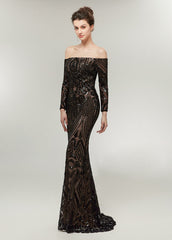 Trumpet/Mermaid Off-the-Shoulder Long Sleeves Sequined Prom Dresses