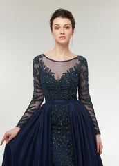 Chiffon  Scoop Neck Long Sleeves Beading Evening Dresses