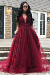 Burgundy A-Line/Princess Floor-Length Tulle Prom Dresses