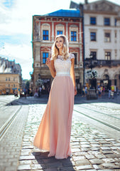 Chiffon Lace Scoop Neck A-Line/Princess Prom Dresses