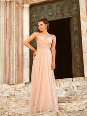 Tulle Sleeveless V-neck Long Prom Dresses