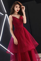 V-neck Red Spaghetti Straps Prom Dresses