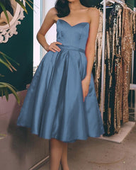 Tea Length Satin Dresses Strapless Bodice Corset