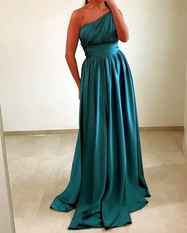 Teal Satin One Shoulder Bridesmaid Dresses