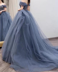 Dusty Blue Tulle Prom Dresses Off Shoulder