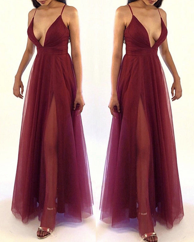 Tulle Split Prom Dresses V Neck Floor Length
