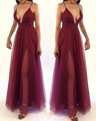 Tulle Split Prom Dresses V Neck Floor Length