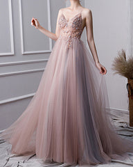 Tulle Prom Dresses Beaded V Neck Leg Slit
