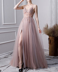 Tulle Prom Dresses Beaded V Neck Leg Slit